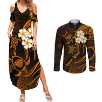 Hawaii Couples Summer Maxi Dress and Long Sleeve Button Shirts Kauai Islands Polynesian Sunset Plumeria Gold Vibe LT9 Gold - Polynesian Pride