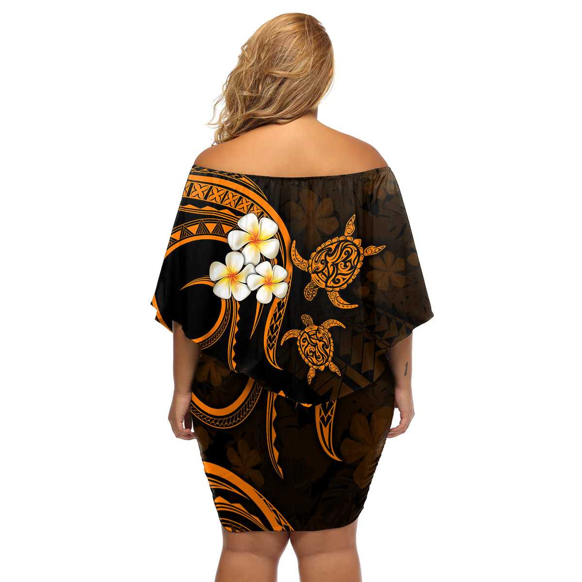 Hawaii Off Shoulder Short Dress Kauai Islands Polynesian Sunset Plumeria Gold Vibe LT9 - Polynesian Pride