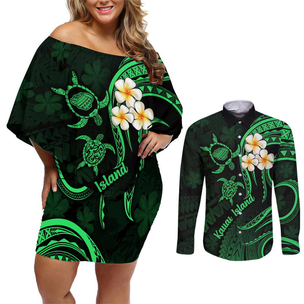 Hawaii Couples Off Shoulder Short Dress and Long Sleeve Button Shirts Kauai Islands Polynesian Sunset Plumeria Green Vibe LT9 Green - Polynesian Pride