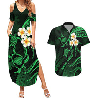Hawaii Couples Summer Maxi Dress and Hawaiian Shirt Kauai Islands Polynesian Sunset Plumeria Green Vibe LT9 Green - Polynesian Pride