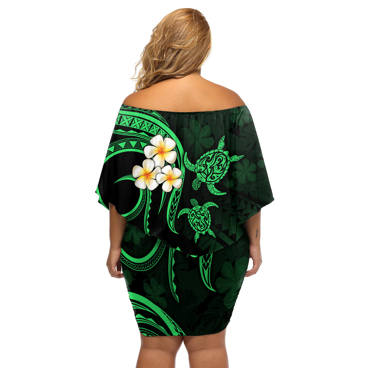 Hawaii Off Shoulder Short Dress Kauai Islands Polynesian Sunset Plumeria Green Vibe LT9 - Polynesian Pride