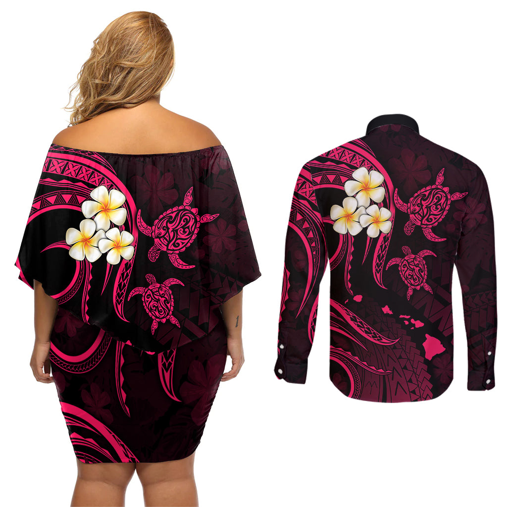 Hawaii Couples Off Shoulder Short Dress and Long Sleeve Button Shirts Kauai Islands Polynesian Sunset Plumeria Pink Vibe LT9 - Polynesian Pride