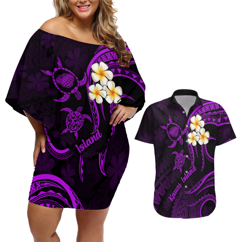 Polynesian Hawaii Couples Off Shoulder Short Dress and Hawaiian Shirt Kauai Islands with Pacific Plumeria Purple Vibe LT9 Purple - Polynesian Pride