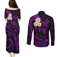 Polynesian Hawaii Couples Puletasi Dress and Long Sleeve Button Shirts Kauai Islands with Pacific Plumeria Purple Vibe LT9 - Polynesian Pride