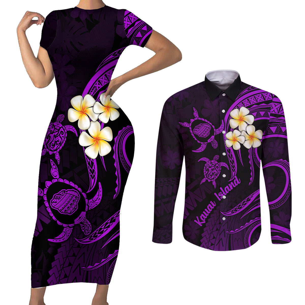 Polynesian Hawaii Couples Short Sleeve Bodycon Dress and Long Sleeve Button Shirts Kauai Islands with Pacific Plumeria Purple Vibe LT9 Purple - Polynesian Pride