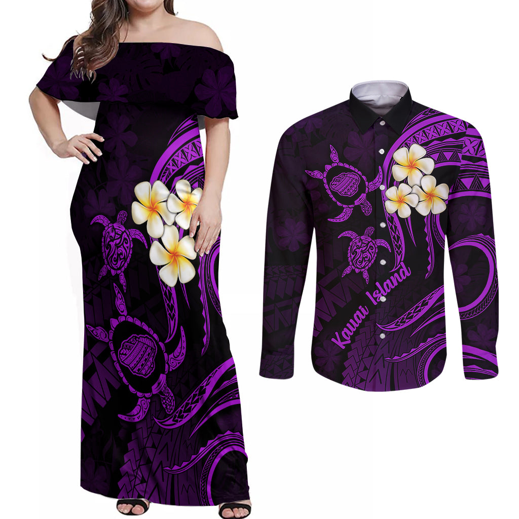 Polynesian Hawaii Couples Off Shoulder Maxi Dress and Long Sleeve Button Shirts Kauai Islands with Pacific Plumeria Purple Vibe LT9 Purple - Polynesian Pride