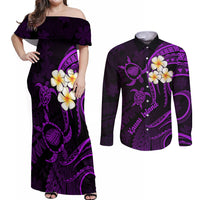 Polynesian Hawaii Couples Off Shoulder Maxi Dress and Long Sleeve Button Shirts Kauai Islands with Pacific Plumeria Purple Vibe LT9 Purple - Polynesian Pride