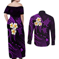 Polynesian Hawaii Couples Off Shoulder Maxi Dress and Long Sleeve Button Shirts Kauai Islands with Pacific Plumeria Purple Vibe LT9 - Polynesian Pride