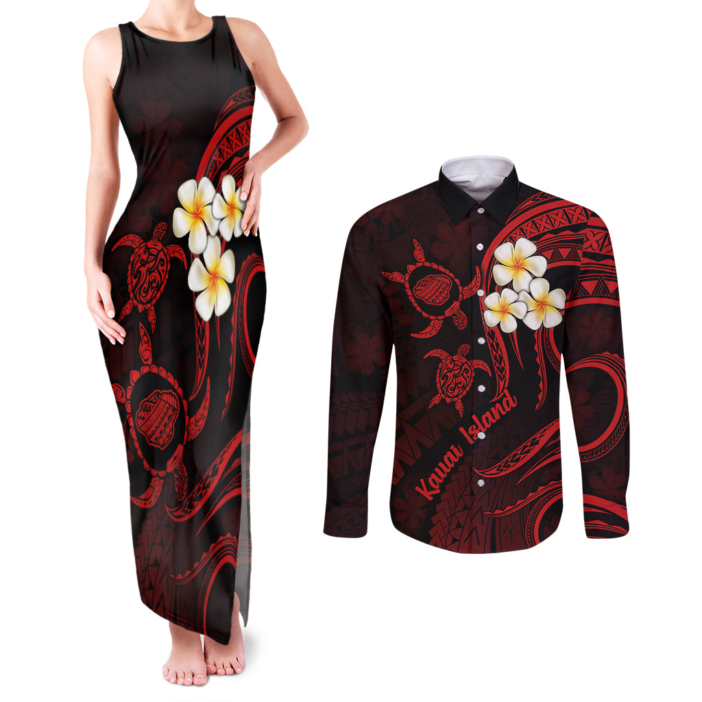 Polynesian Hawaii Couples Matching Tank Maxi Dress and Long Sleeve Button Shirts Kauai Islands with Pacific Plumeria Red Vibe LT9 Red - Polynesian Pride