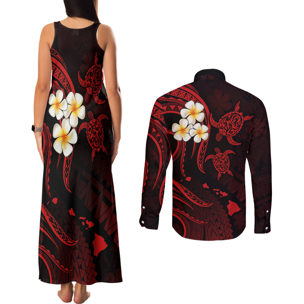 Polynesian Hawaii Couples Matching Tank Maxi Dress and Long Sleeve Button Shirts Kauai Islands with Pacific Plumeria Red Vibe LT9 - Polynesian Pride
