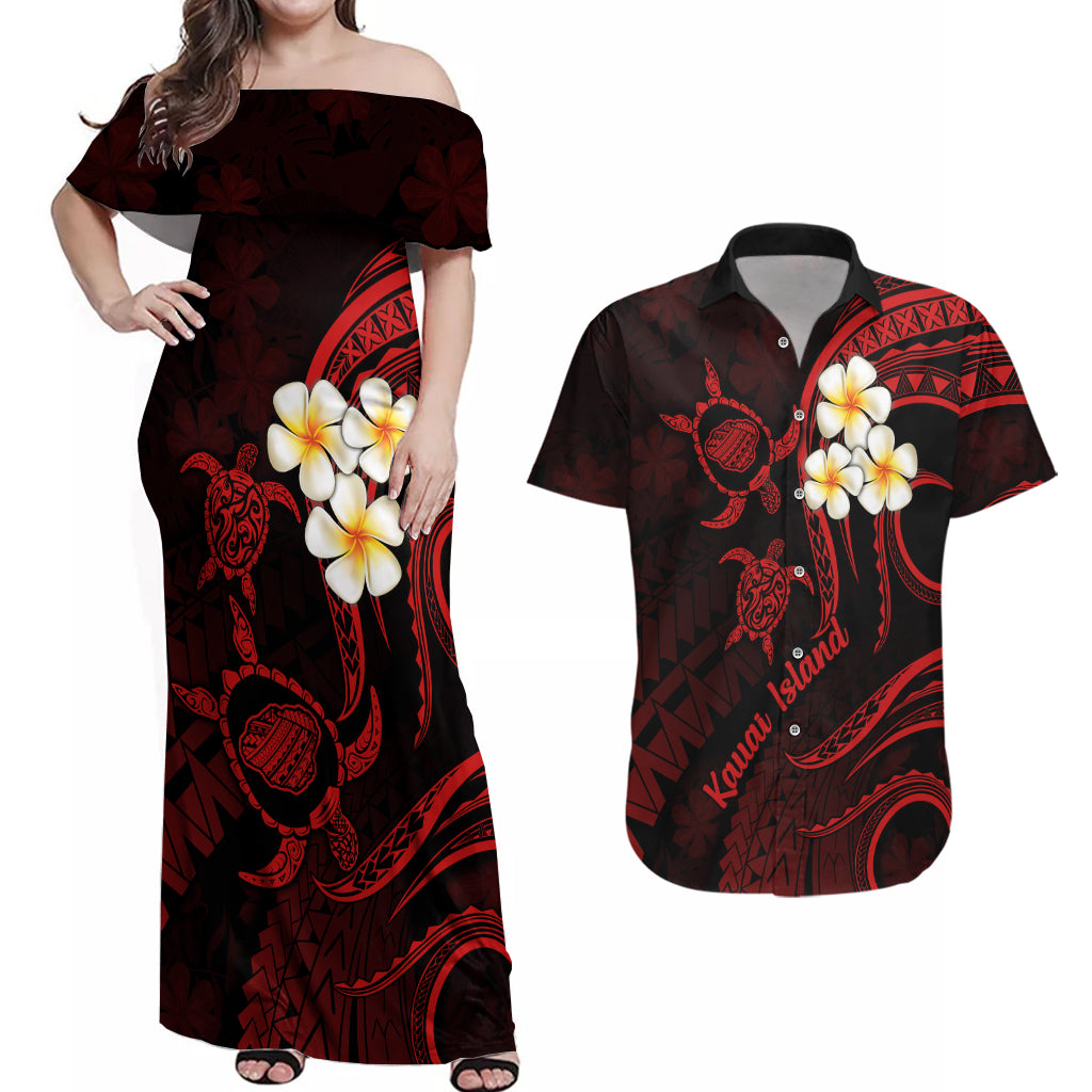 Polynesian Hawaii Couples Off Shoulder Maxi Dress and Hawaiian Shirt K