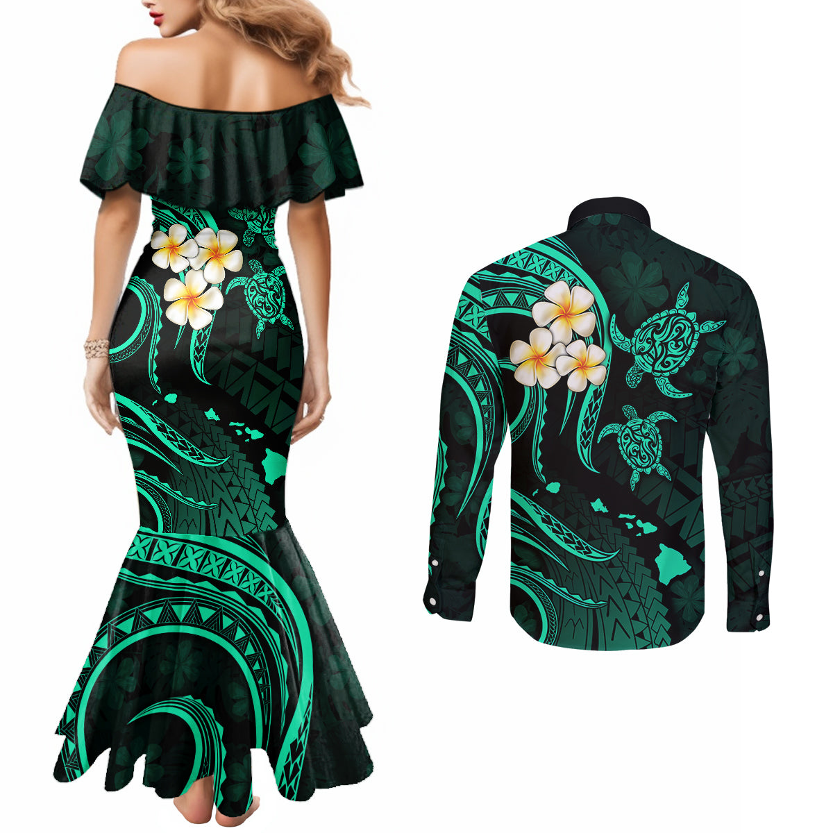 Polynesian Hawaii Couples Mermaid Dress and Long Sleeve Button Shirts Kauai Islands with Pacific Plumeria Turquoise Vibe LT9 - Polynesian Pride