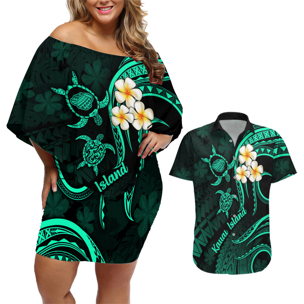 Polynesian Hawaii Couples Off Shoulder Short Dress and Hawaiian Shirt Kauai Islands with Pacific Plumeria Turquoise Vibe LT9 Turquoise - Polynesian Pride