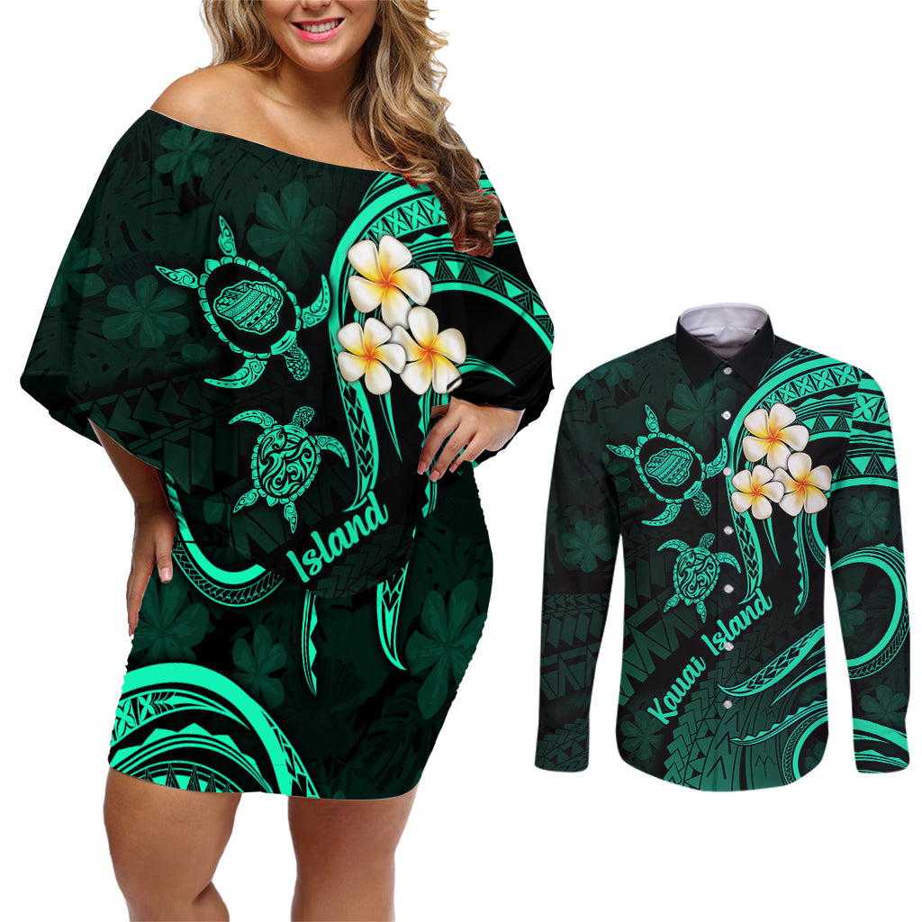 Polynesian Hawaii Couples Off Shoulder Short Dress and Long Sleeve Button Shirts Kauai Islands with Pacific Plumeria Turquoise Vibe LT9 Turquoise - Polynesian Pride