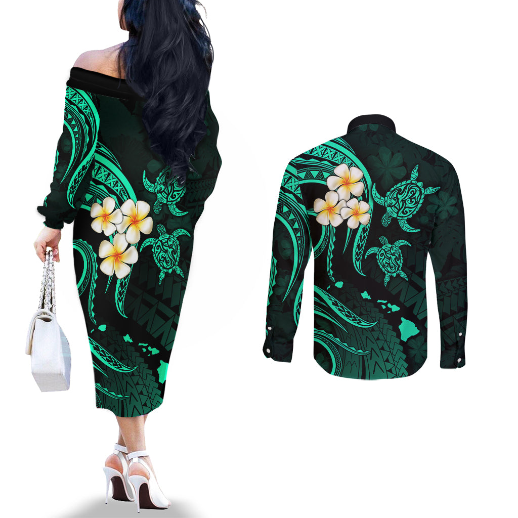 Polynesian Hawaii Couples Off The Shoulder Long Sleeve Dress and Long Sleeve Button Shirts Kauai Islands with Pacific Plumeria Turquoise Vibe LT9 - Polynesian Pride