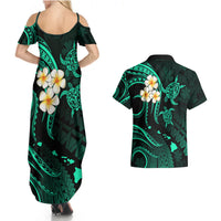 Polynesian Hawaii Couples Summer Maxi Dress and Hawaiian Shirt Kauai Islands with Pacific Plumeria Turquoise Vibe LT9 - Polynesian Pride
