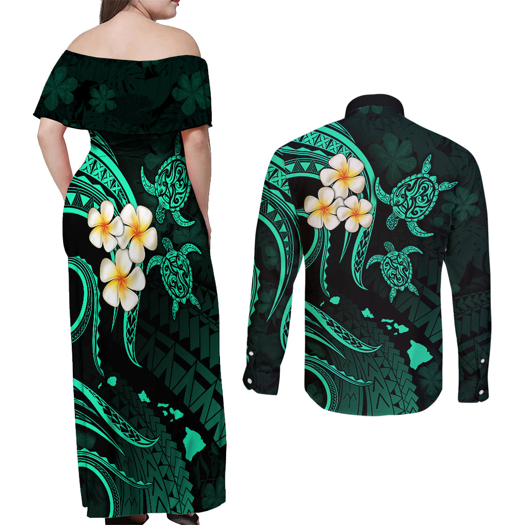 Polynesian Hawaii Couples Off Shoulder Maxi Dress and Long Sleeve Button Shirts Kauai Islands with Pacific Plumeria Turquoise Vibe LT9 - Polynesian Pride