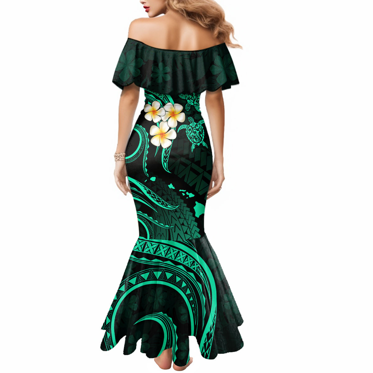 Polynesian Hawaii Mermaid Dress Kauai Islands with Pacific Plumeria Turquoise Vibe LT9 - Polynesian Pride
