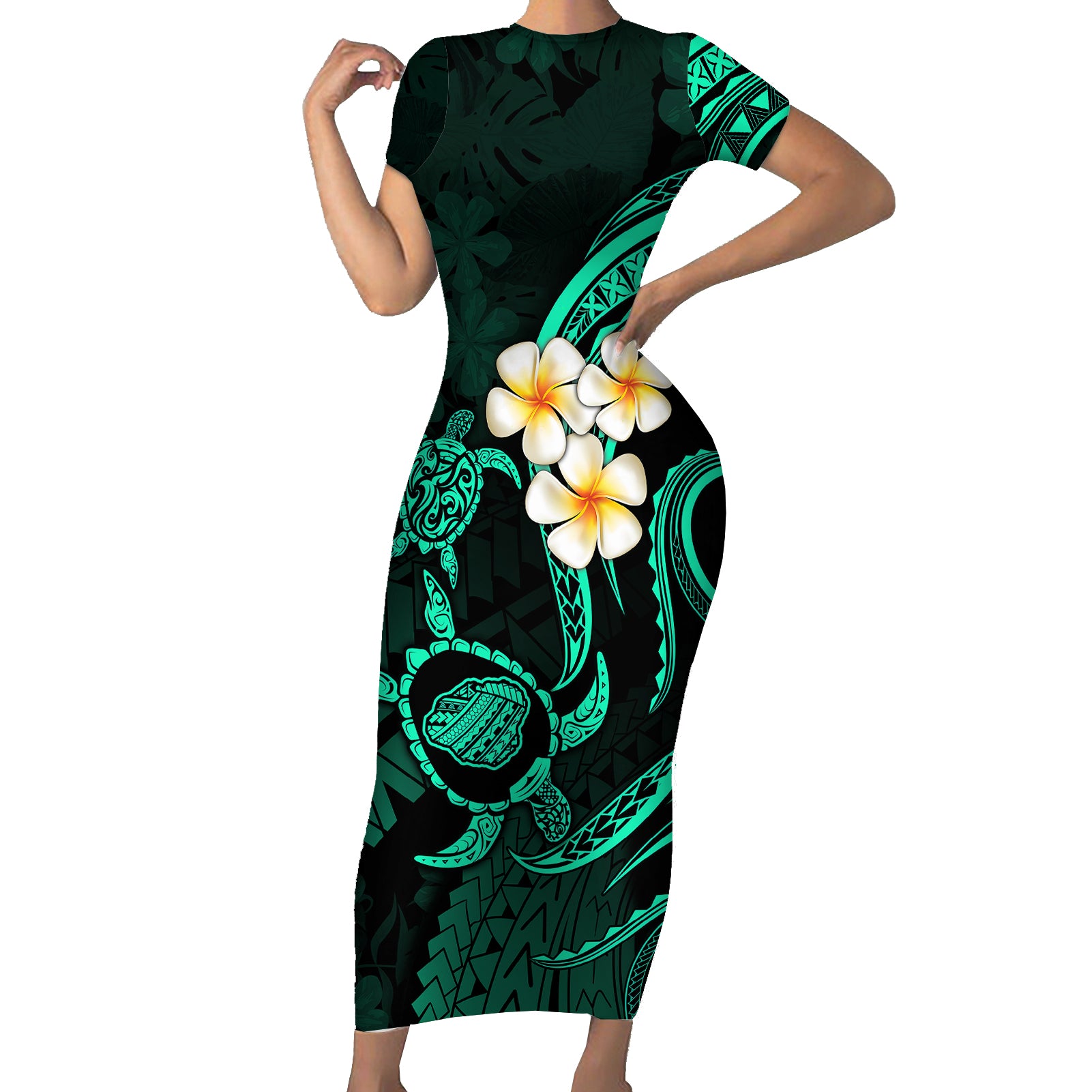 Polynesian Hawaii Short Sleeve Bodycon Dress Kauai Islands with Pacific Plumeria Turquoise Vibe LT9 Long Dress Turquoise - Polynesian Pride