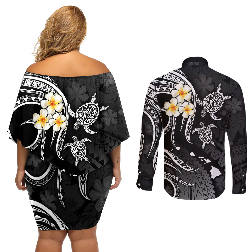 Polynesian Hawaii Couples Off Shoulder Short Dress and Long Sleeve Button Shirts Kauai Islands with Pacific Plumeria White Vibe LT9 - Polynesian Pride