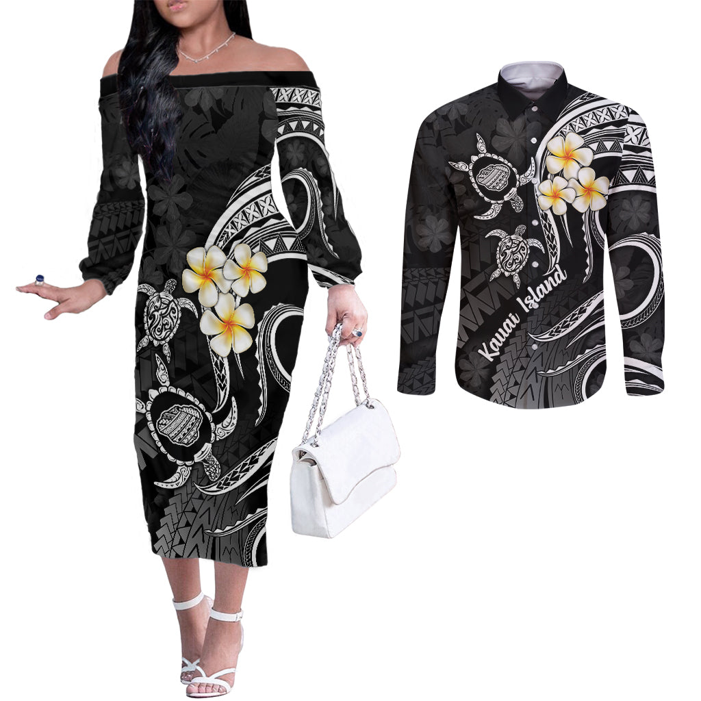 Polynesian Hawaii Couples Off The Shoulder Long Sleeve Dress and Long Sleeve Button Shirts Kauai Islands with Pacific Plumeria White Vibe LT9 White - Polynesian Pride