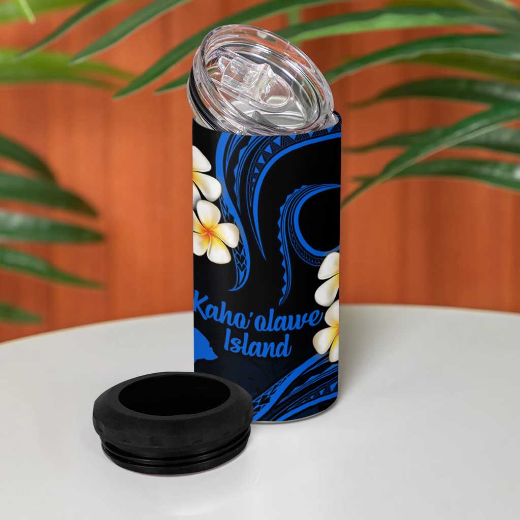 Hawaii Kahoolawe Islands Pacific Plumeria 4 in 1 Can Cooler Tumbler Blue Polynesian Tattoo