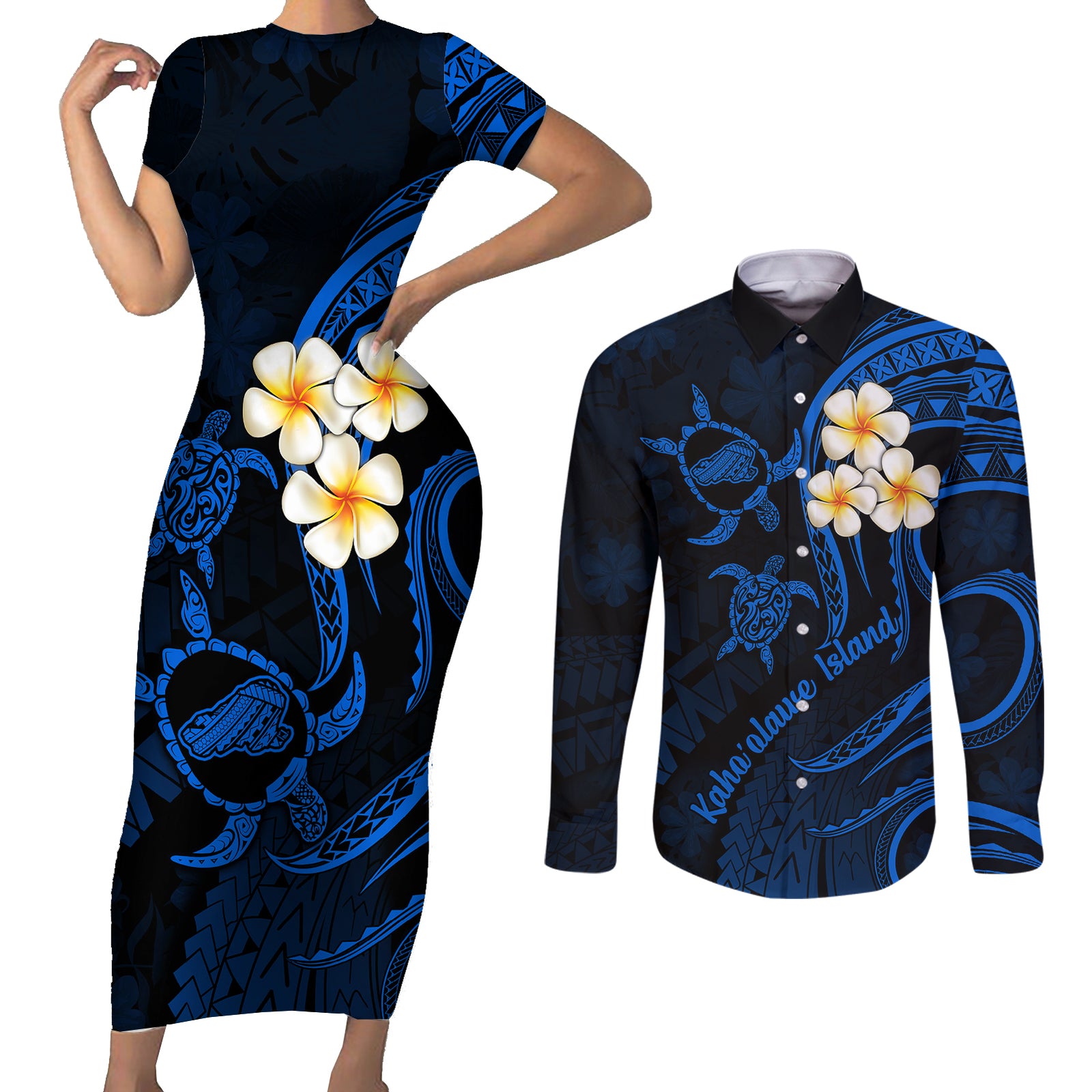Hawaii Couples Short Sleeve Bodycon Dress and Long Sleeve Button Shirts Kahoolawe Islands Polynesian Sunset Plumeria LT9 Blue - Polynesian Pride