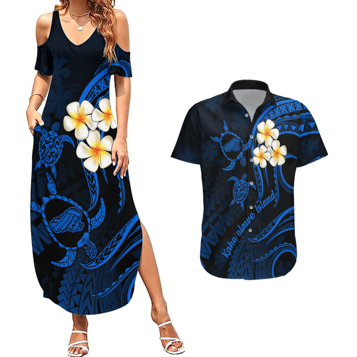 Hawaii Couples Summer Maxi Dress and Hawaiian Shirt Kahoolawe Islands Polynesian Sunset Plumeria LT9 Blue - Polynesian Pride