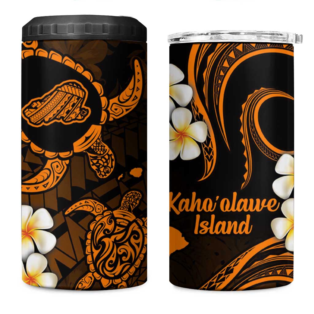 Hawaii Kahoolawe Islands Pacific Plumeria 4 in 1 Can Cooler Tumbler Gold Polynesian Tattoo