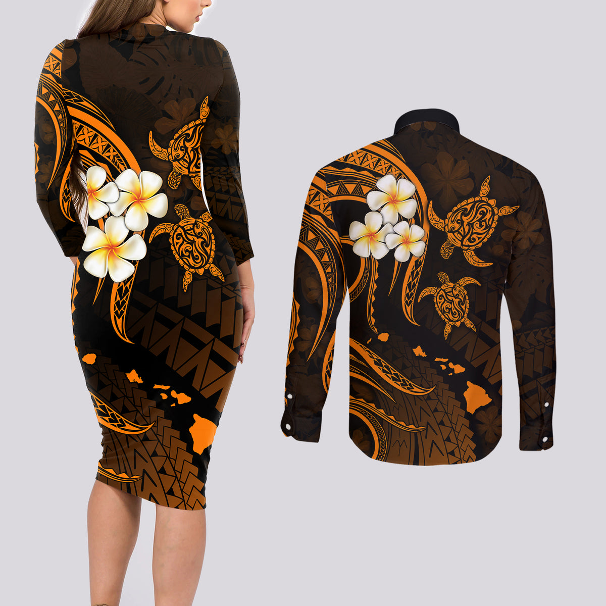 Hawaii Couples Long Sleeve Bodycon Dress and Long Sleeve Button Shirts Kahoolawe Islands Polynesian Sunset Plumeria Gold Vibe LT9 - Polynesian Pride