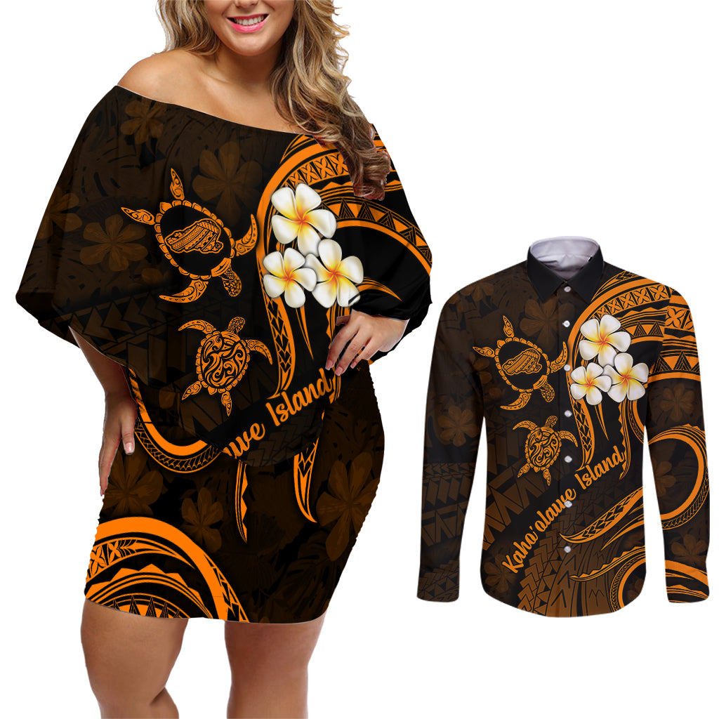 Hawaii Couples Off Shoulder Short Dress and Long Sleeve Button Shirts Kahoolawe Islands Polynesian Sunset Plumeria Gold Vibe LT9 Gold - Polynesian Pride