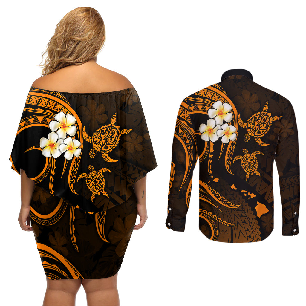 Hawaii Couples Off Shoulder Short Dress and Long Sleeve Button Shirts Kahoolawe Islands Polynesian Sunset Plumeria Gold Vibe LT9 - Polynesian Pride