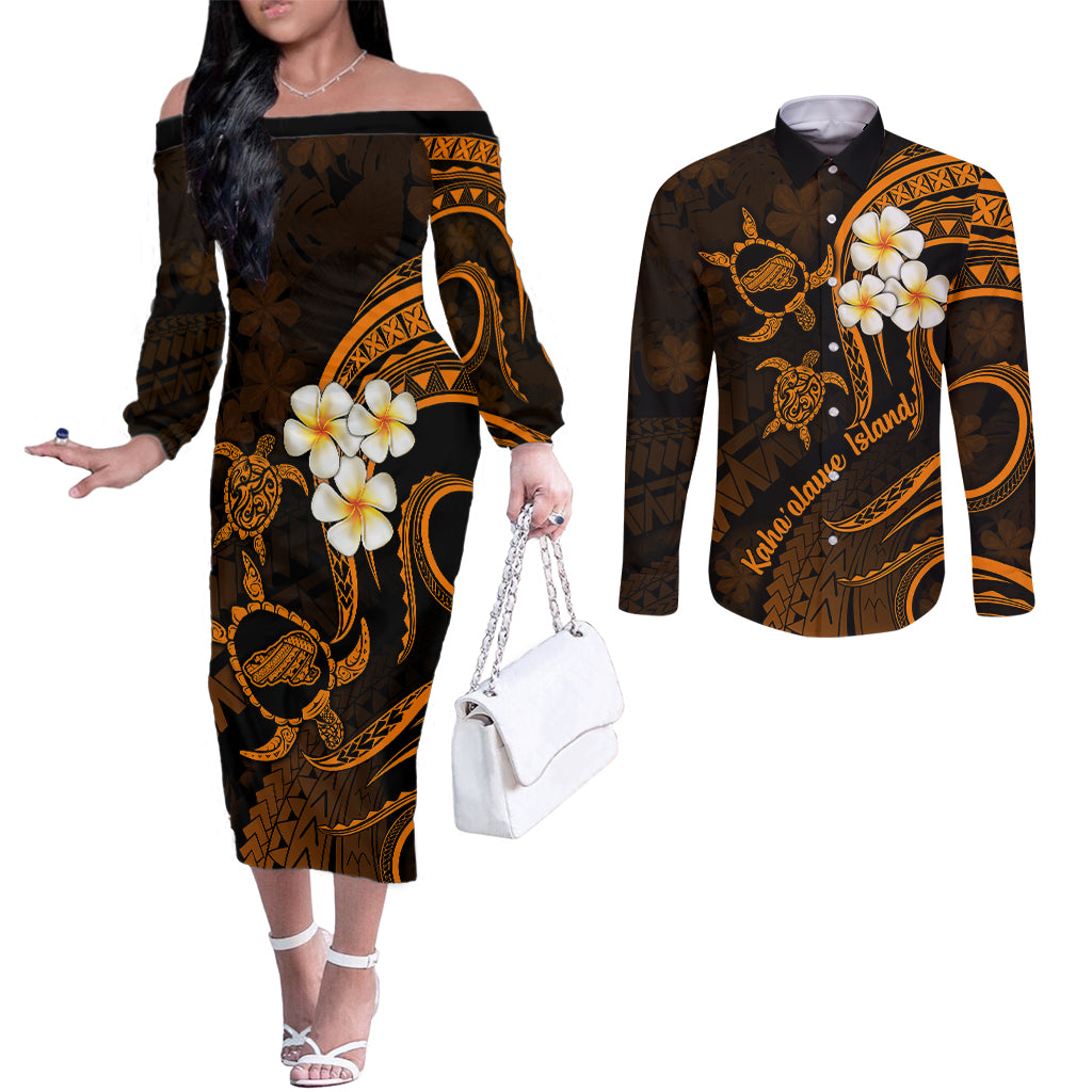 Hawaii Couples Off The Shoulder Long Sleeve Dress and Long Sleeve Button Shirts Kahoolawe Islands Polynesian Sunset Plumeria Gold Vibe LT9 Gold - Polynesian Pride