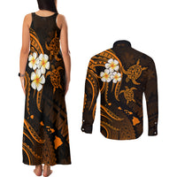 Hawaii Couples Matching Tank Maxi Dress and Long Sleeve Button Shirts Kahoolawe Islands Polynesian Sunset Plumeria Gold Vibe LT9 - Polynesian Pride