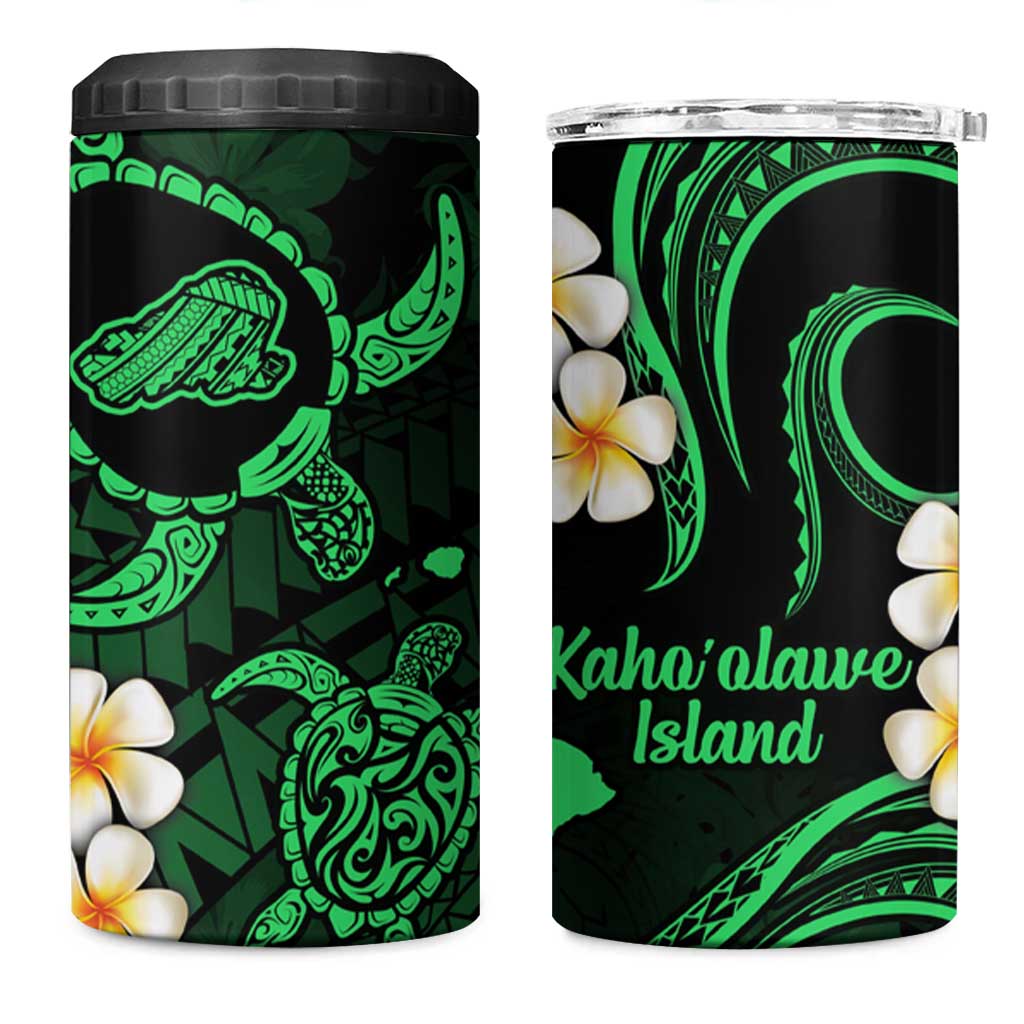 Hawaii Kahoolawe Islands Pacific Plumeria 4 in 1 Can Cooler Tumbler Green Polynesian Tattoo