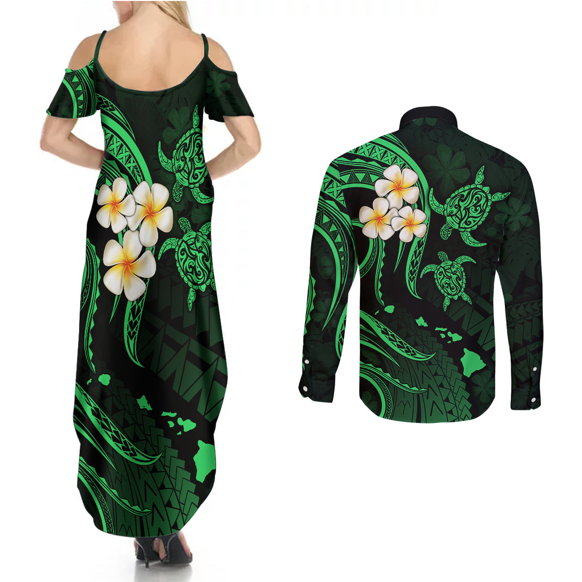 Hawaii Couples Summer Maxi Dress and Long Sleeve Button Shirts Kahoolawe Islands Polynesian Sunset Plumeria Green Vibe LT9 - Polynesian Pride