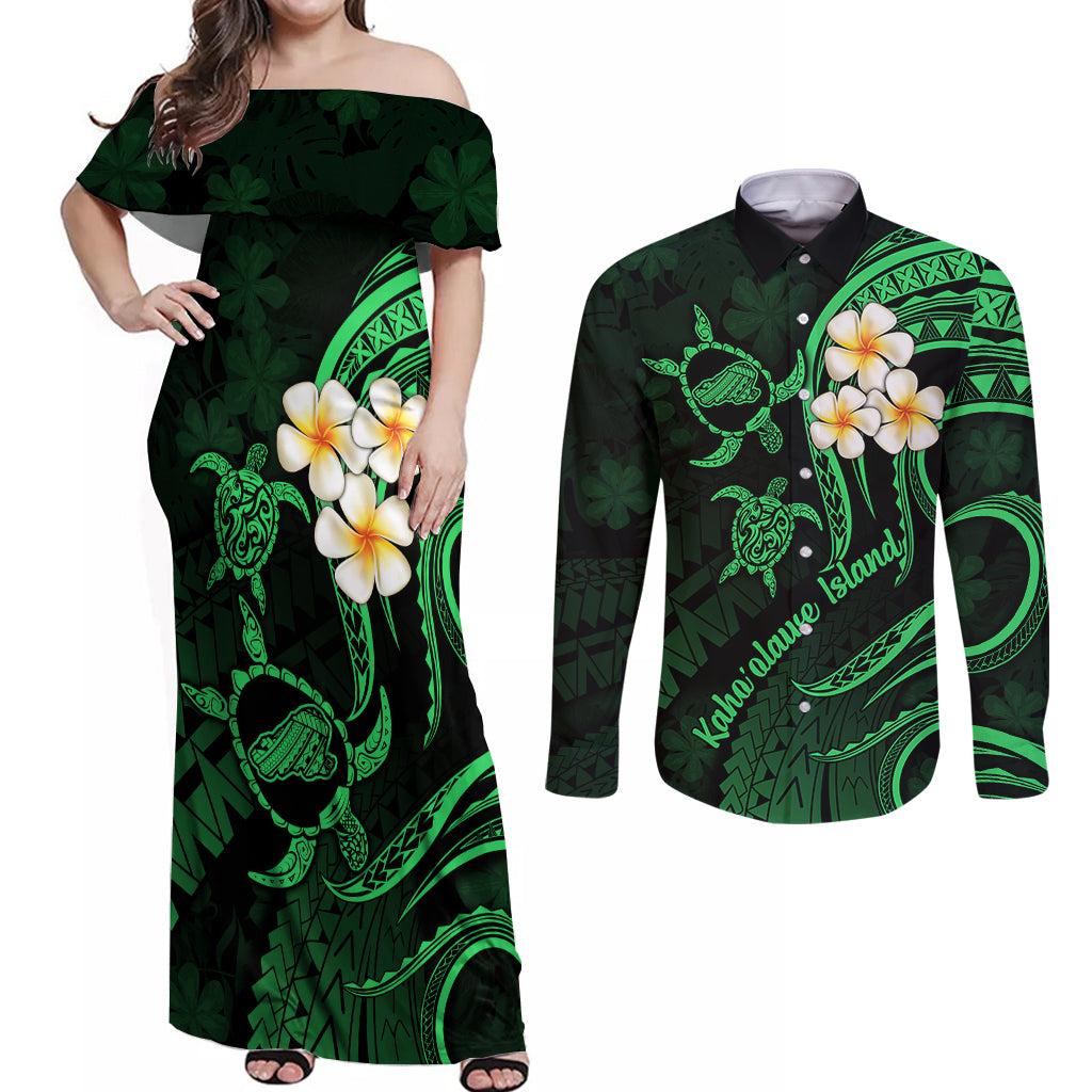 Hawaii Couples Off Shoulder Maxi Dress and Long Sleeve Button Shirts Kahoolawe Islands Polynesian Sunset Plumeria Green Vibe LT9 Green - Polynesian Pride