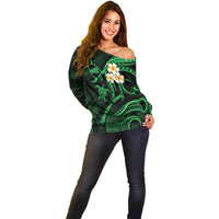 Hawaii Off Shoulder Sweater Kahoolawe Islands Polynesian Sunset Plumeria Green Vibe LT9 - Polynesian Pride