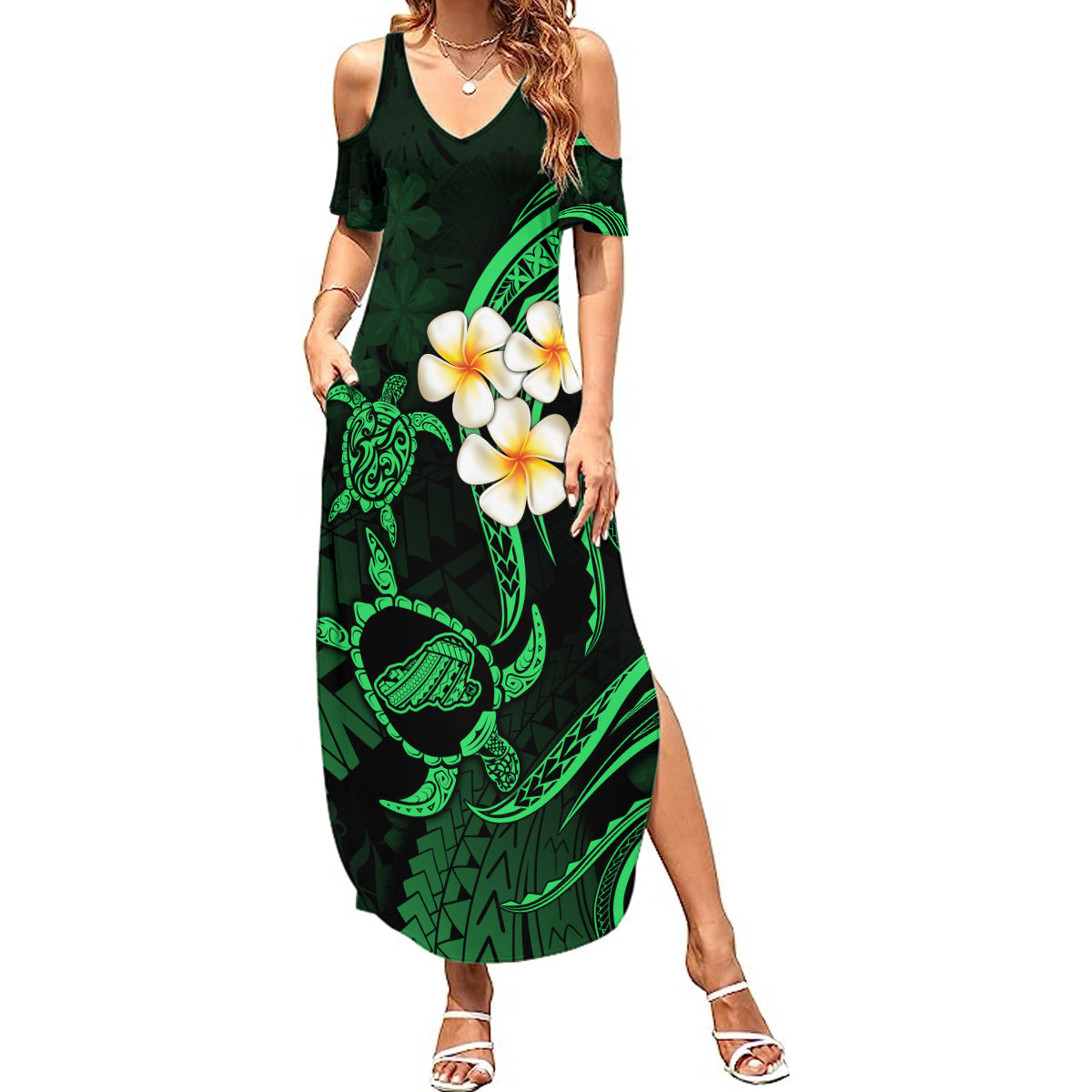 Hawaii Summer Maxi Dress Kahoolawe Islands Polynesian Sunset Plumeria Green Vibe LT9 Women Green - Polynesian Pride