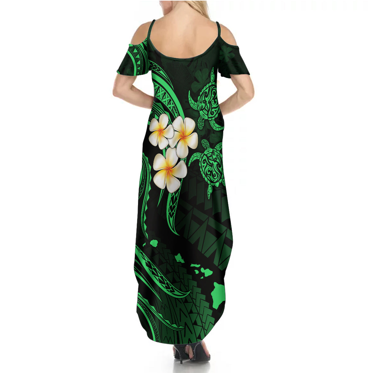 Hawaii Summer Maxi Dress Kahoolawe Islands Polynesian Sunset Plumeria Green Vibe LT9 - Polynesian Pride