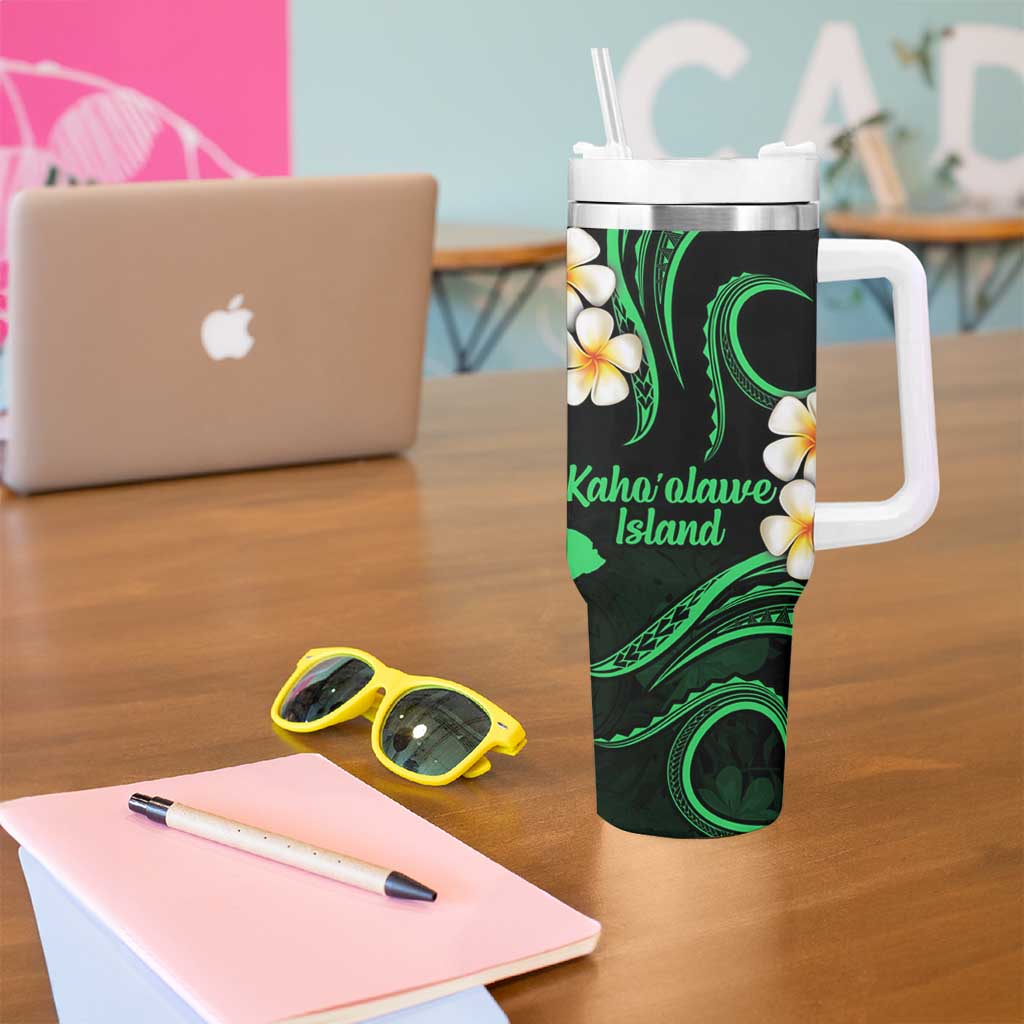 Hawaii Kahoolawe Islands Pacific Plumeria Tumbler With Handle Green Polynesian Tattoo