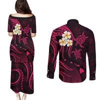 Hawaii Couples Puletasi Dress and Long Sleeve Button Shirts Kahoolawe Islands Polynesian Sunset Plumeria Pink Vibe LT9 - Polynesian Pride