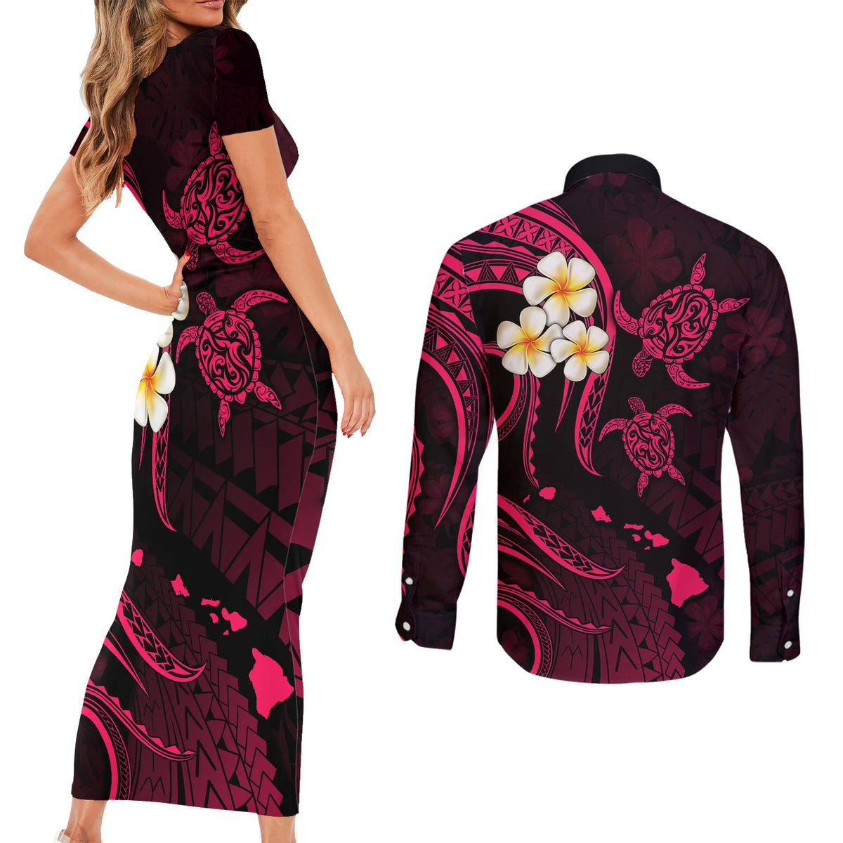 Hawaii Couples Short Sleeve Bodycon Dress and Long Sleeve Button Shirts Kahoolawe Islands Polynesian Sunset Plumeria Pink Vibe LT9 - Polynesian Pride