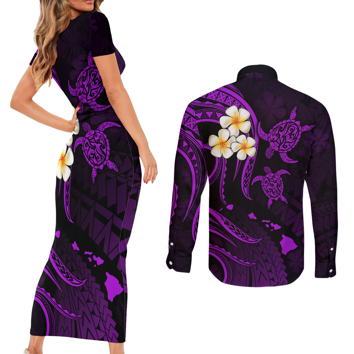 Polynesian Hawaii Couples Short Sleeve Bodycon Dress and Long Sleeve Button Shirts Kahoolawe Islands with Pacific Plumeria Purple Vibe LT9 - Polynesian Pride