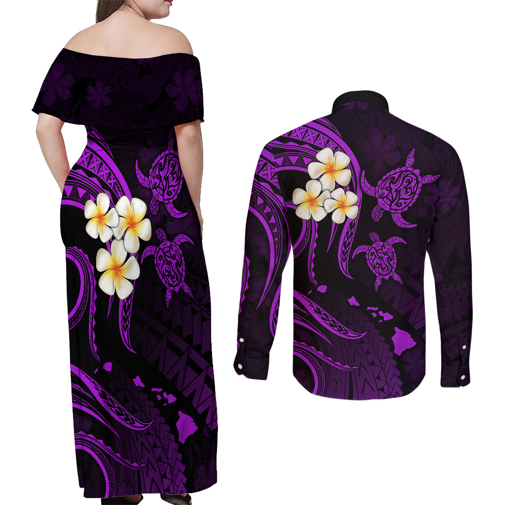 Polynesian Hawaii Couples Off Shoulder Maxi Dress and Long Sleeve Button Shirts Kahoolawe Islands with Pacific Plumeria Purple Vibe LT9 - Polynesian Pride