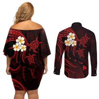 Polynesian Hawaii Couples Off Shoulder Short Dress and Long Sleeve Button Shirts Kahoolawe Islands with Pacific Plumeria Red Vibe LT9 - Polynesian Pride