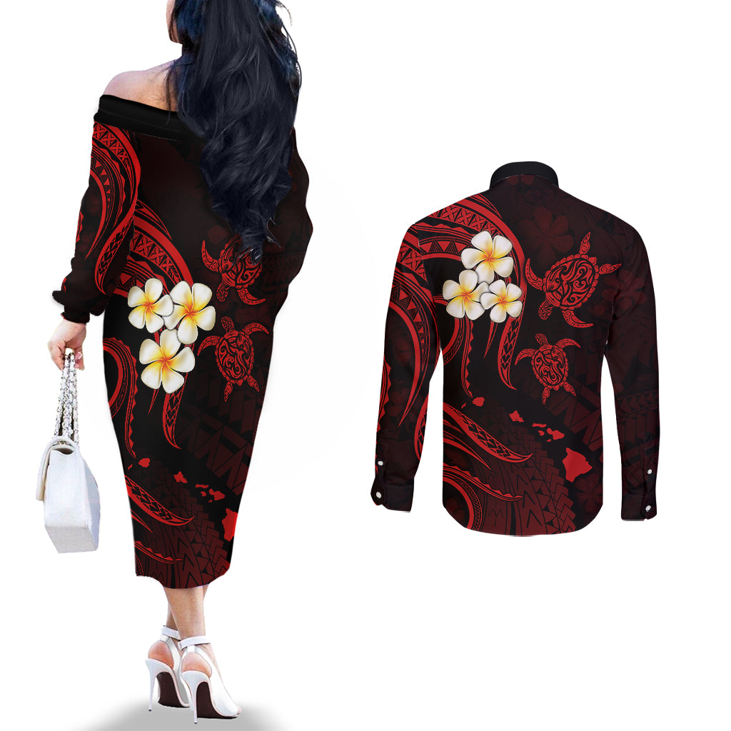 Polynesian Hawaii Couples Off The Shoulder Long Sleeve Dress and Long Sleeve Button Shirts Kahoolawe Islands with Pacific Plumeria Red Vibe LT9 - Polynesian Pride