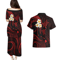 Polynesian Hawaii Couples Puletasi Dress and Hawaiian Shirt Kahoolawe Islands with Pacific Plumeria Red Vibe LT9 - Polynesian Pride
