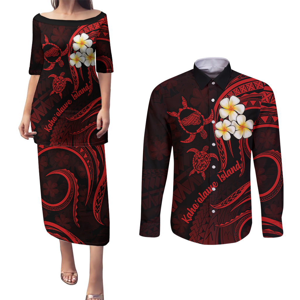 Polynesian Hawaii Couples Puletasi Dress and Long Sleeve Button Shirts Kahoolawe Islands with Pacific Plumeria Red Vibe LT9 Red - Polynesian Pride