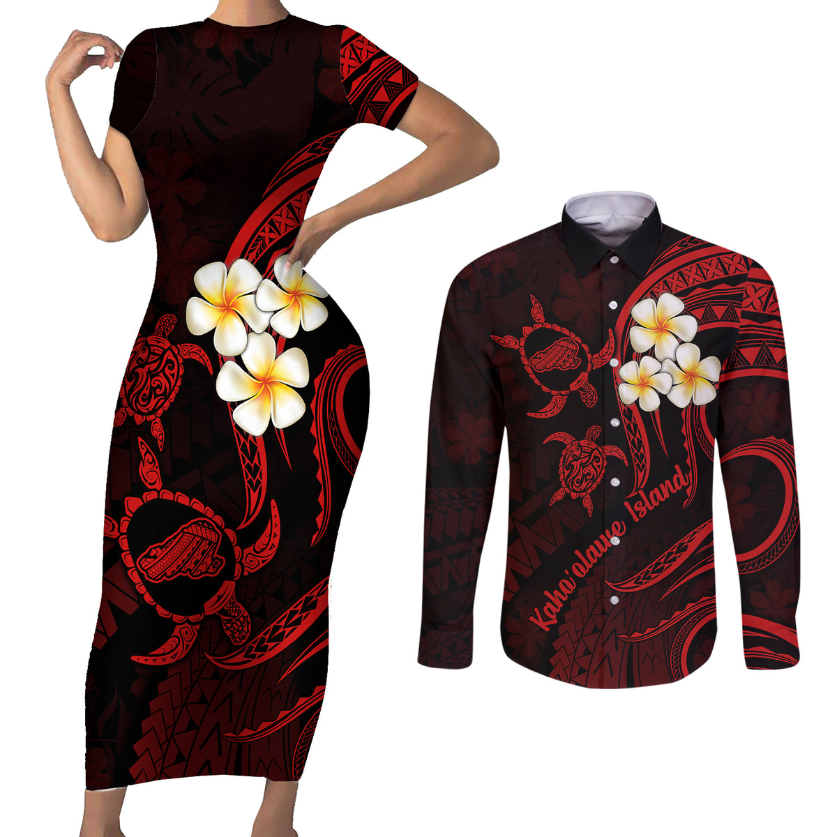 Polynesian Hawaii Couples Short Sleeve Bodycon Dress and Long Sleeve Button Shirts Kahoolawe Islands with Pacific Plumeria Red Vibe LT9 Red - Polynesian Pride